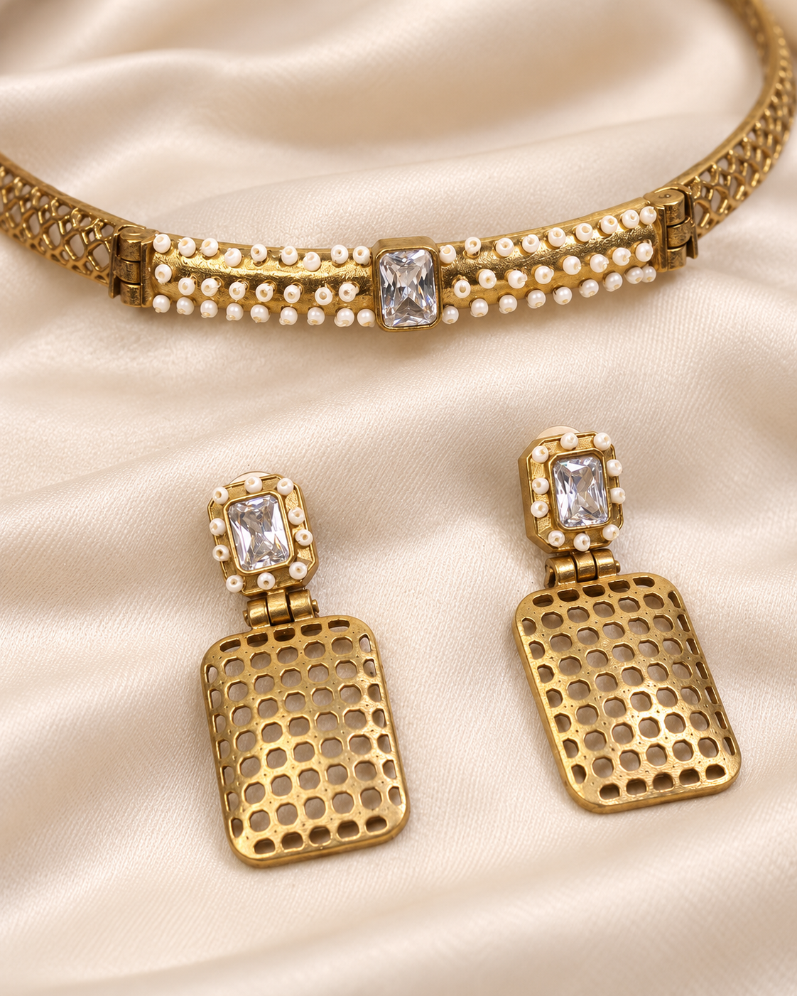 Mesh Panel Choker and Rectangular Earring Set - Clear — AI-styled ornament detail view