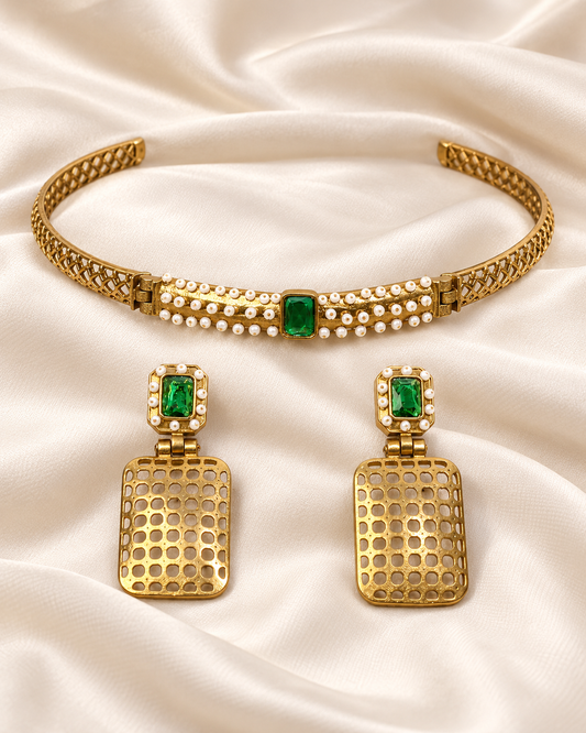 Mesh Panel Choker and Rectangular Earring Set - Green — AI-styled closeup view