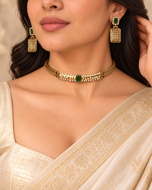 Mesh Panel Choker and Rectangular Earring Set - Green — AI-styled model view
