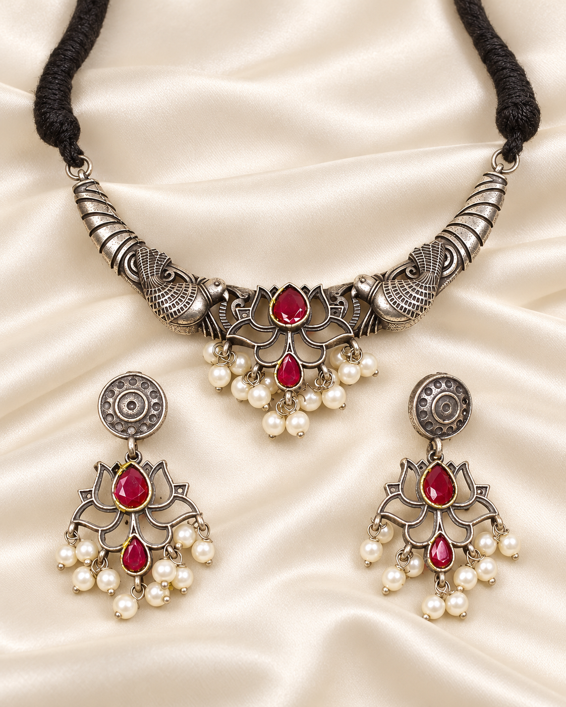 Winged Silver Tone Pearl-Style Fringe Collar Set - Ruby — AI-styled closeup view