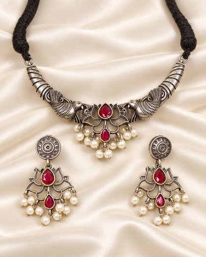 Winged Silver Tone Pearl-Style Fringe Collar Set - Ruby — AI-styled closeup view