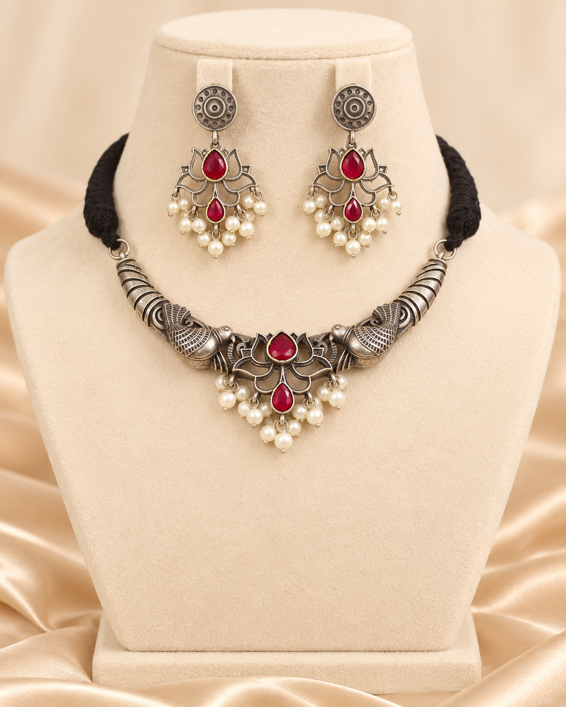 Winged Silver Tone Pearl-Style Fringe Collar Set - Ruby — AI-styled mannequin view