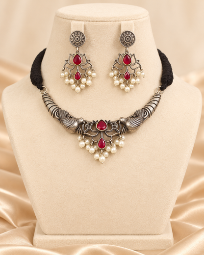 Winged Silver Tone Pearl-Style Fringe Collar Set - Ruby — AI-styled mannequin view