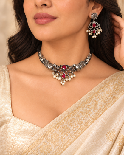 Winged Silver Tone Pearl-Style Fringe Collar Set - Ruby — AI-styled model view