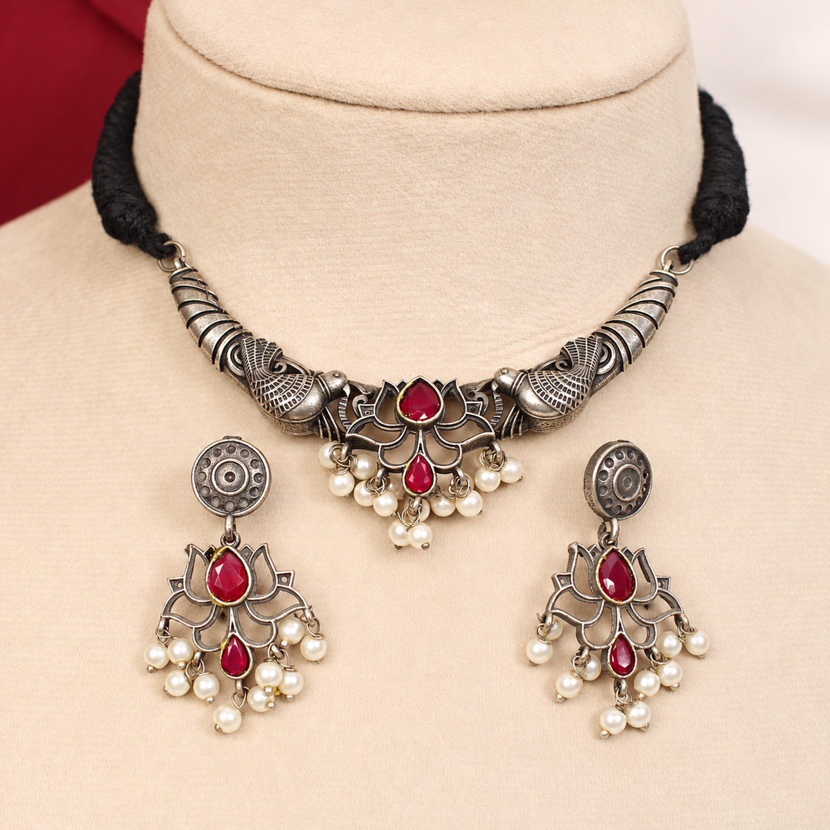 Winged Silver Tone Pearl-Style Fringe Collar Set - Ruby — retouched original photograph IMG_8350