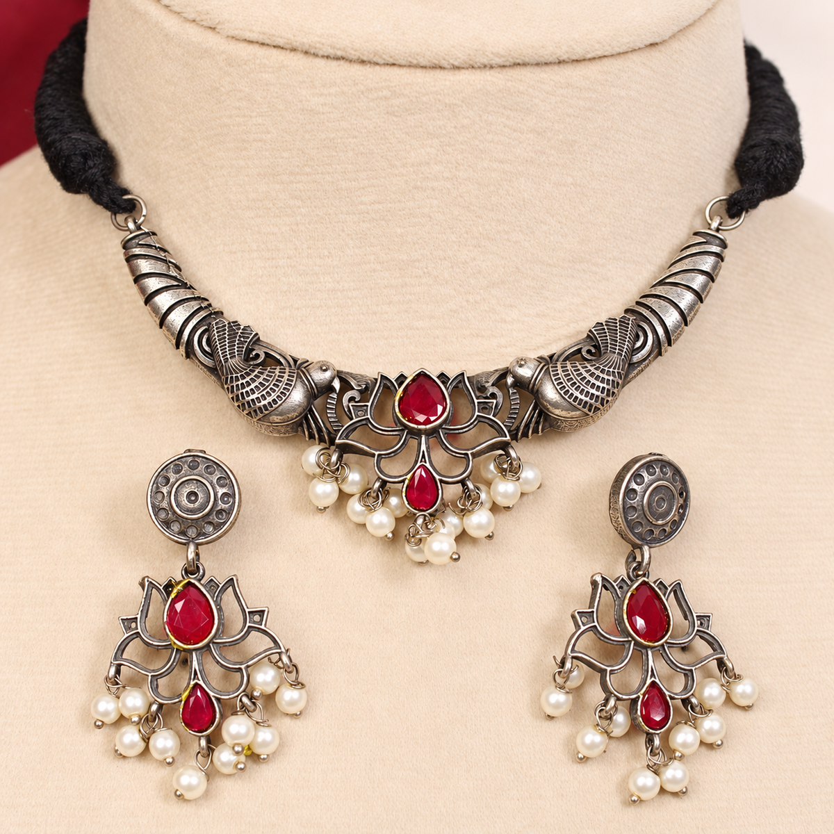 Winged Silver Tone Pearl-Style Fringe Collar Set - Ruby — retouched original photograph IMG_8351
