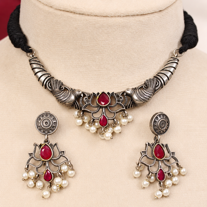 Winged Silver Tone Pearl-Style Fringe Collar Set - Ruby — retouched original photograph IMG_8352