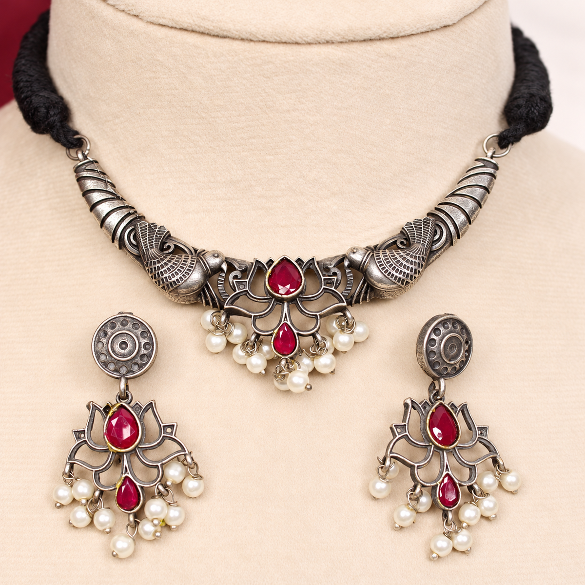 Winged Silver Tone Pearl-Style Fringe Collar Set - Ruby — retouched original photograph IMG_8353