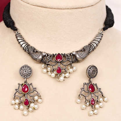 Winged Silver Tone Pearl-Style Fringe Collar Set - Ruby — retouched original photograph IMG_8353