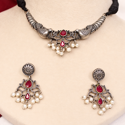 Winged Silver Tone Pearl-Style Fringe Collar Set - Ruby and Clear — retouched original photograph IMG_8361