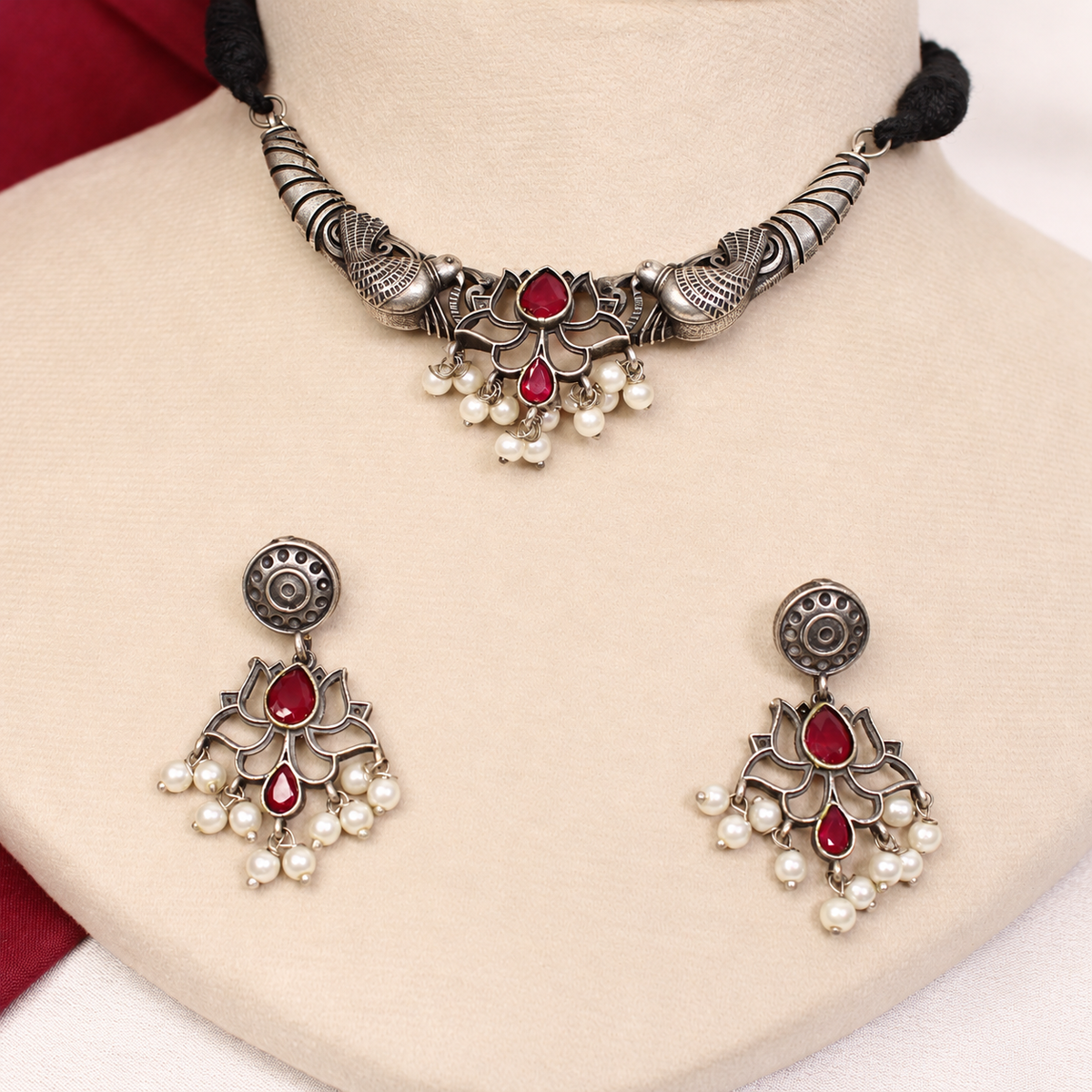Winged Silver Tone Pearl-Style Fringe Collar Set - Ruby and Clear — retouched original photograph IMG_8362
