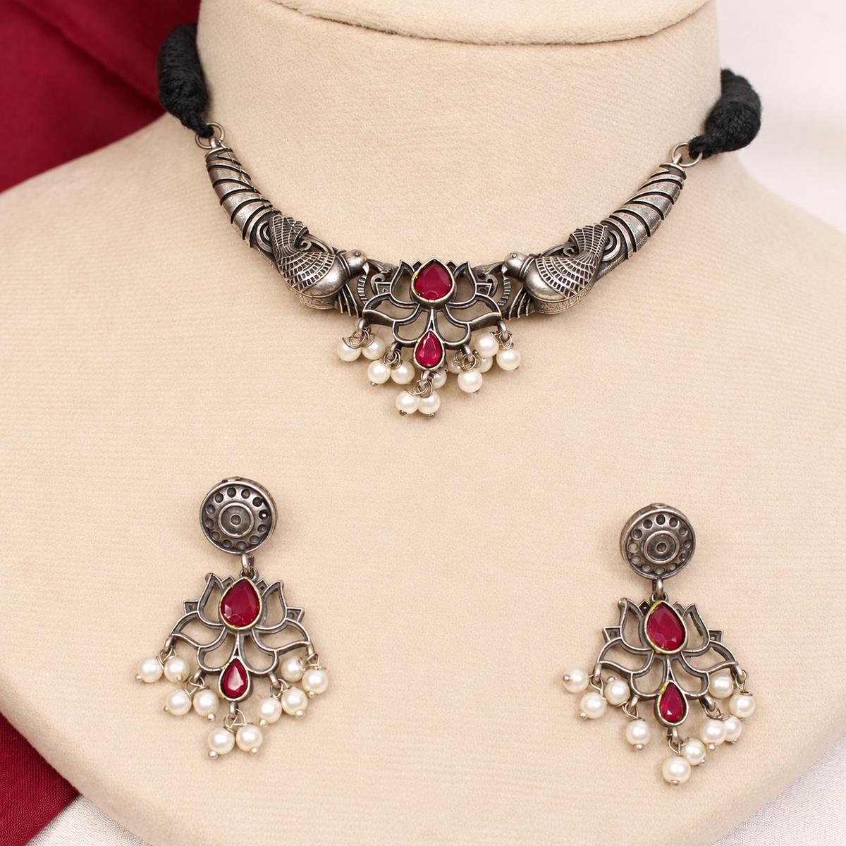 Winged Silver Tone Pearl-Style Fringe Collar Set - Ruby and Clear — retouched original photograph IMG_8363