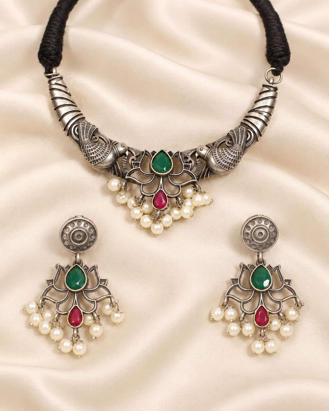 Winged Silver Tone Pearl-Style Fringe Collar Set - Green and Ruby — AI-styled closeup view