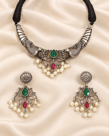 Winged Silver Tone Pearl-Style Fringe Collar Set - Green and Ruby — AI-styled closeup view