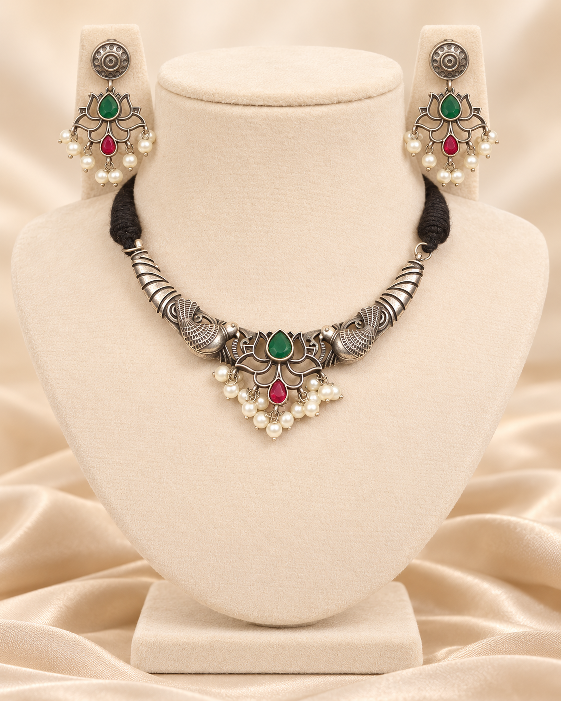 Winged Silver Tone Pearl-Style Fringe Collar Set - Green and Ruby — AI-styled mannequin view