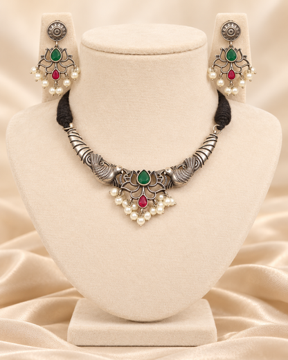 Winged Silver Tone Pearl-Style Fringe Collar Set - Green and Ruby — AI-styled mannequin view