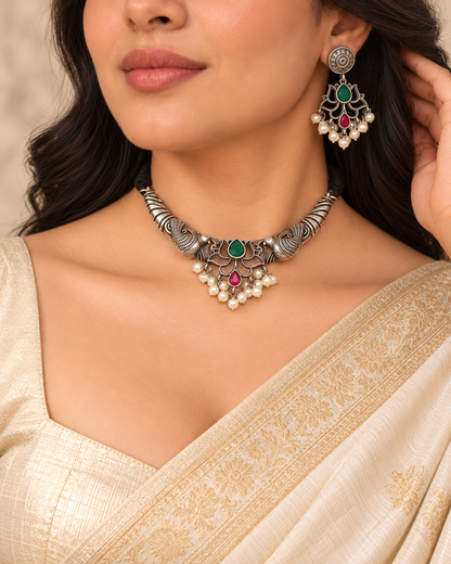 Winged Silver Tone Pearl-Style Fringe Collar Set - Green and Ruby — AI-styled model view