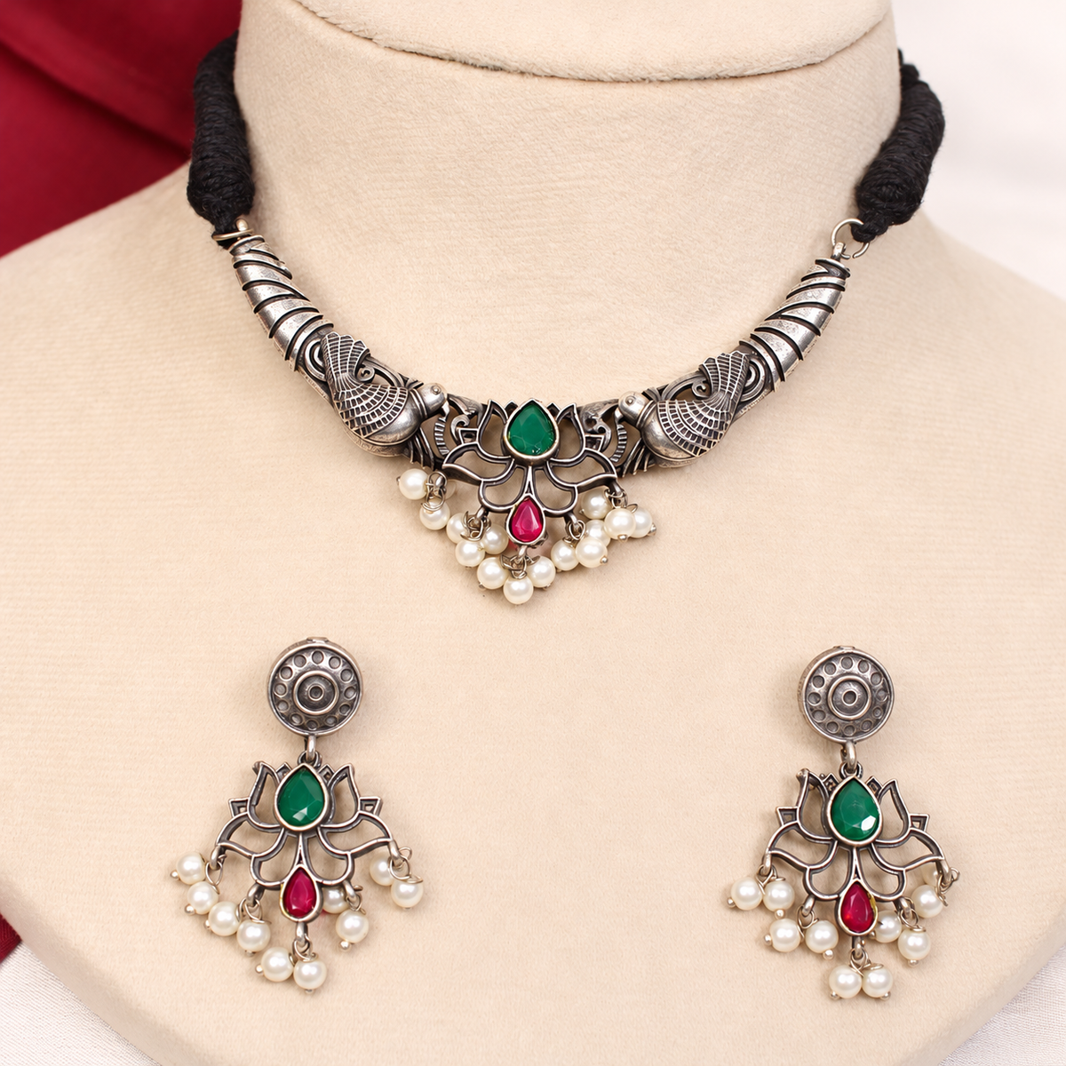 Winged Silver Tone Pearl-Style Fringe Collar Set - Green and Ruby — retouched original photograph IMG_8354