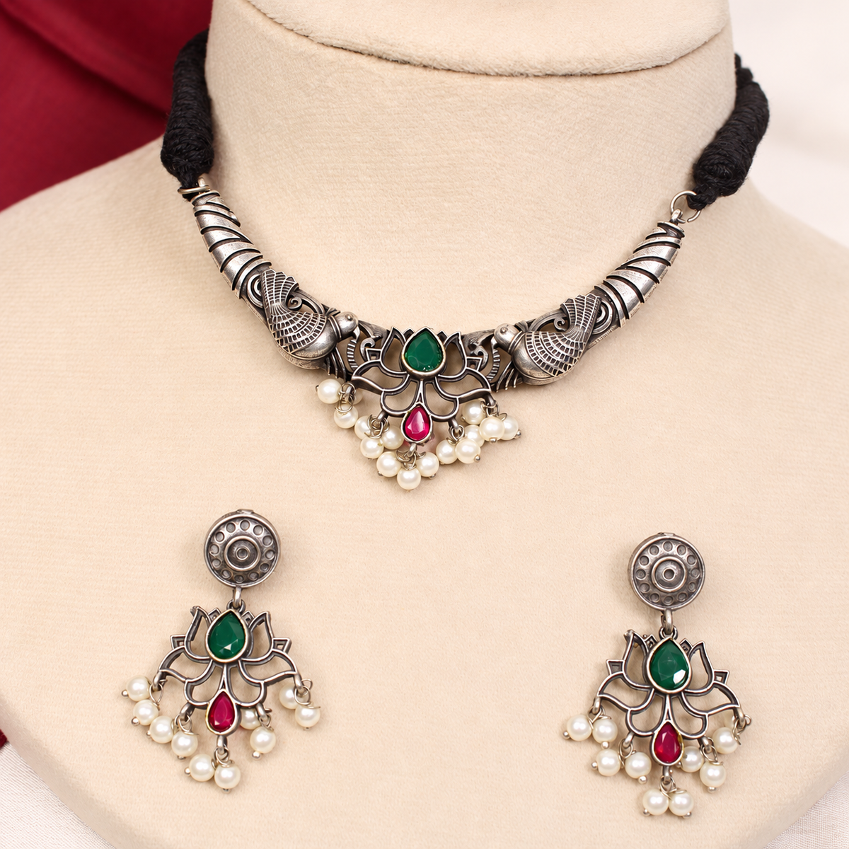 Winged Silver Tone Pearl-Style Fringe Collar Set - Green and Ruby — retouched original photograph IMG_8355