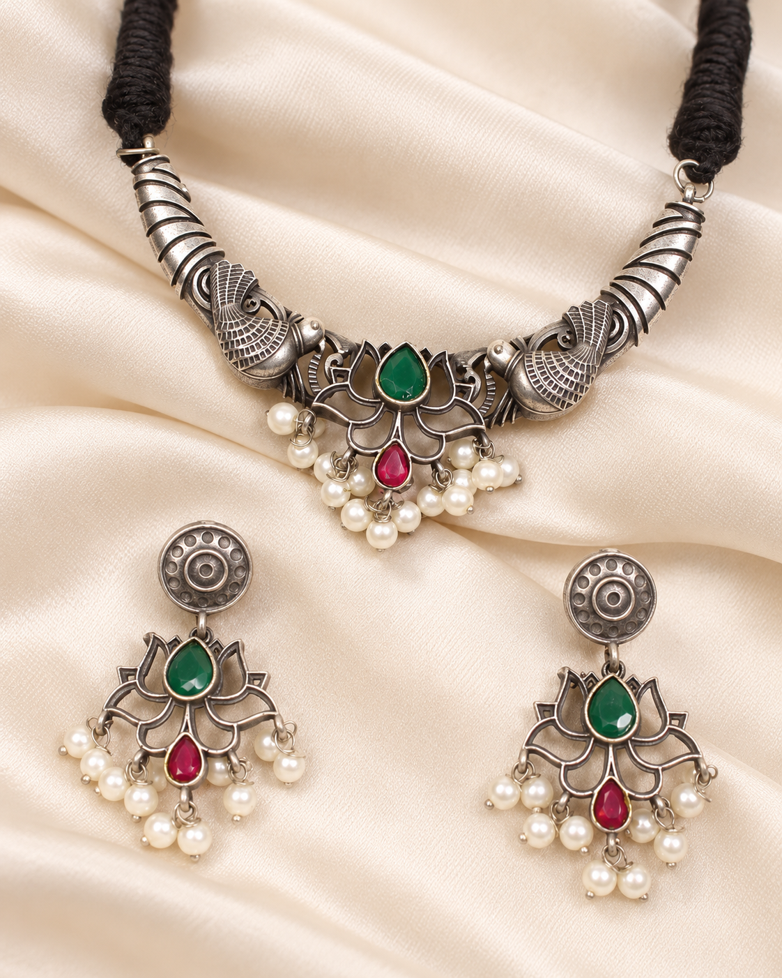 Winged Silver Tone Pearl-Style Fringe Collar Set - Green and Ruby — AI-styled ornament detail view