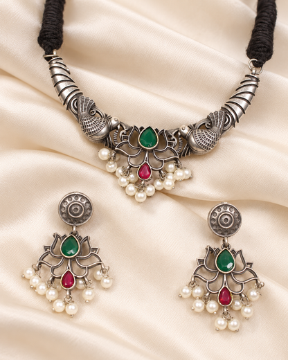 Winged Silver Tone Pearl-Style Fringe Collar Set - Green and Ruby — AI-styled ornament detail view