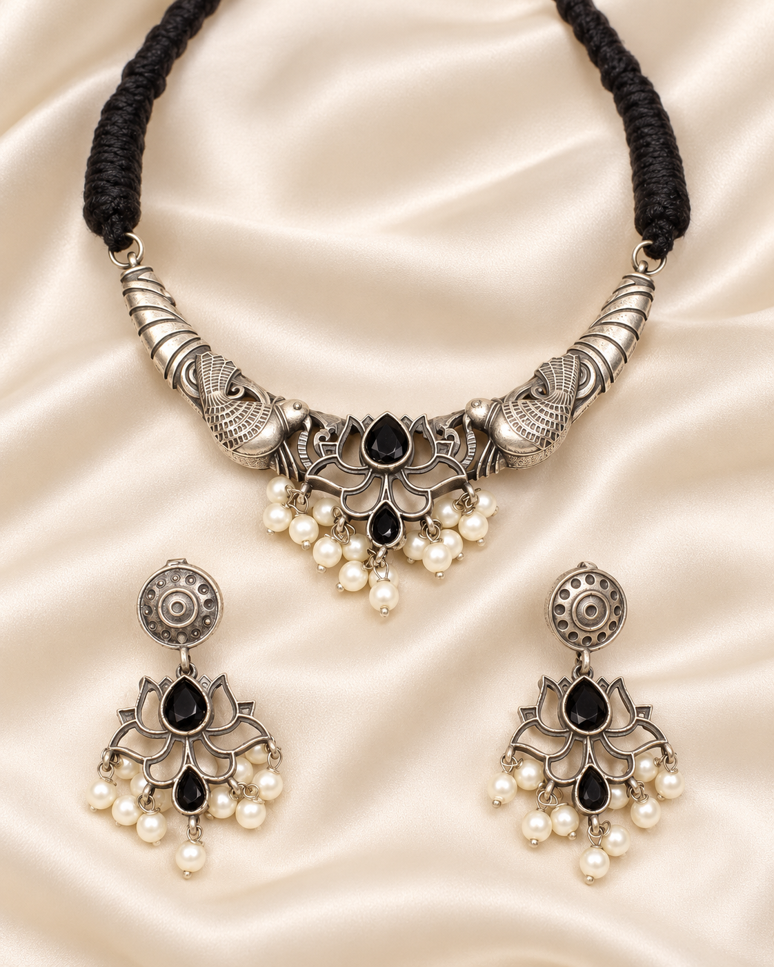 Winged Silver Tone Pearl-Style Fringe Collar Set - Black — AI-styled closeup view