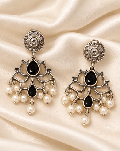 Winged Silver Tone Pearl-Style Fringe Collar Set - Black — AI-styled earring detail view