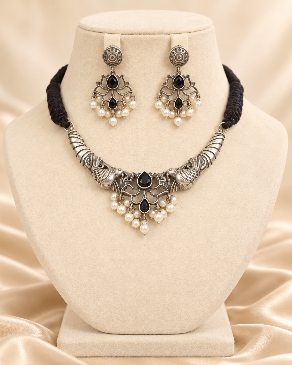 Winged Silver Tone Pearl-Style Fringe Collar Set - Black — AI-styled mannequin view