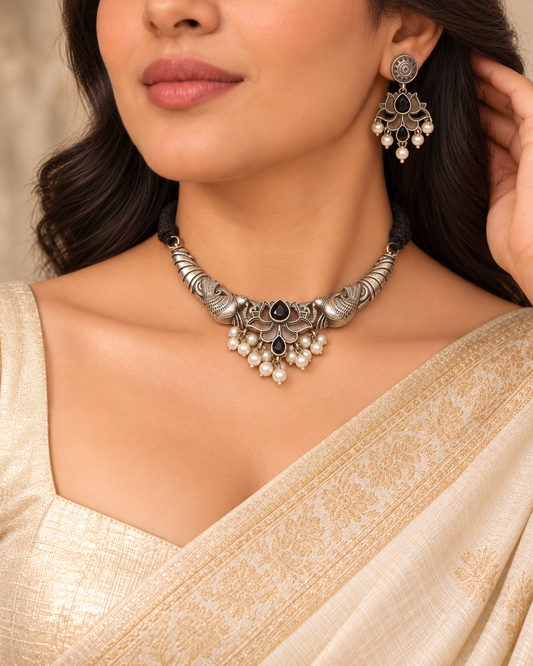 Winged Silver Tone Pearl-Style Fringe Collar Set - Black — AI-styled model view