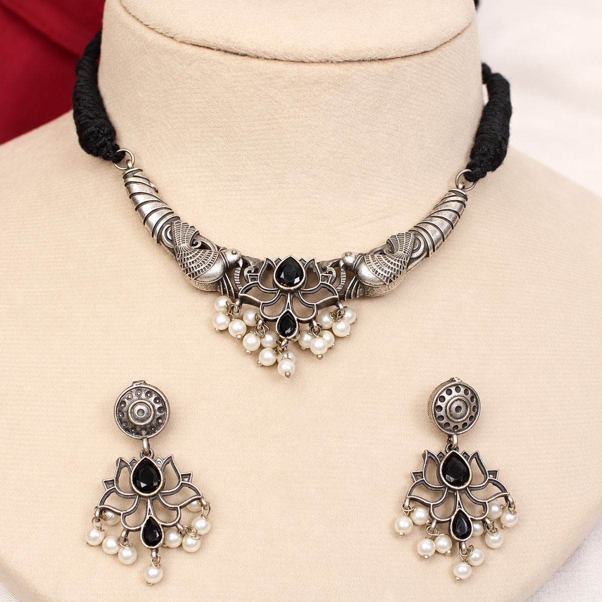 Winged Silver Tone Pearl-Style Fringe Collar Set - Black — retouched original photograph IMG_8356
