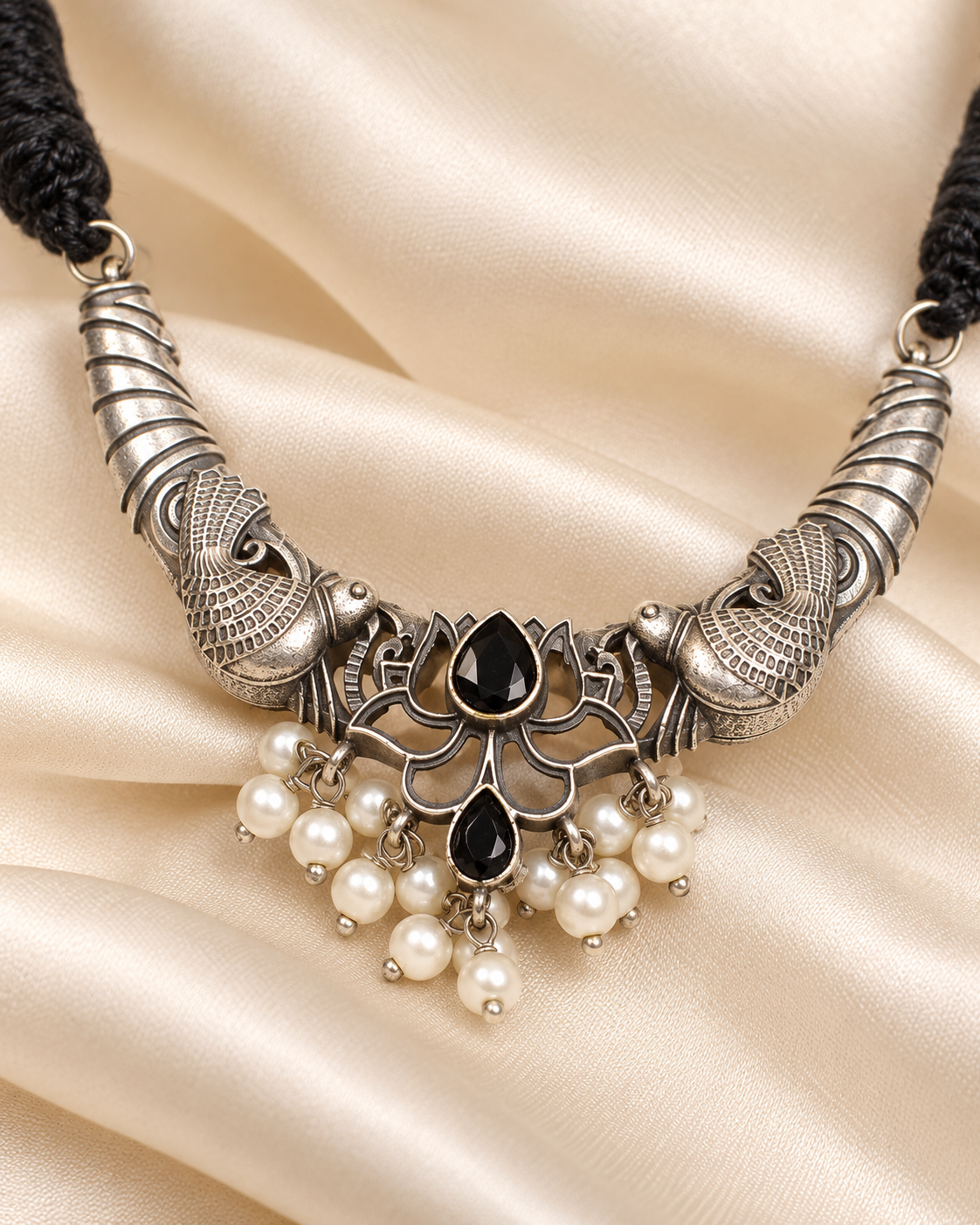 Winged Silver Tone Pearl-Style Fringe Collar Set - Black — AI-styled ornament detail view