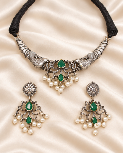 Winged Silver Tone Pearl-Style Fringe Collar Set - Green — AI-styled closeup view
