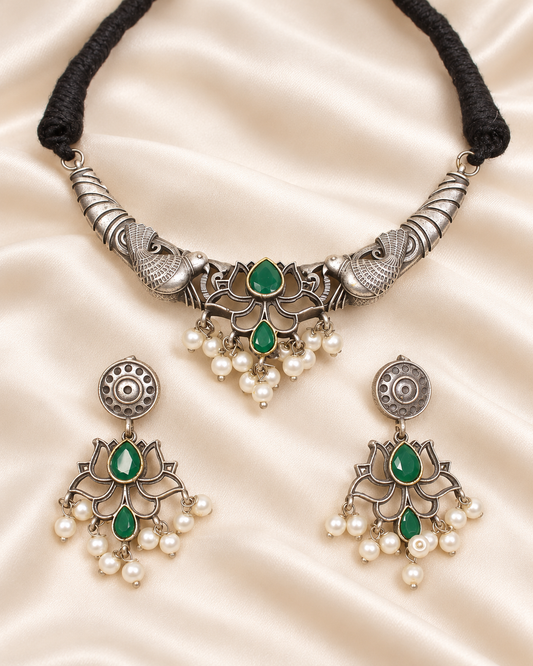 Winged Silver Tone Pearl-Style Fringe Collar Set - Green — AI-styled closeup view
