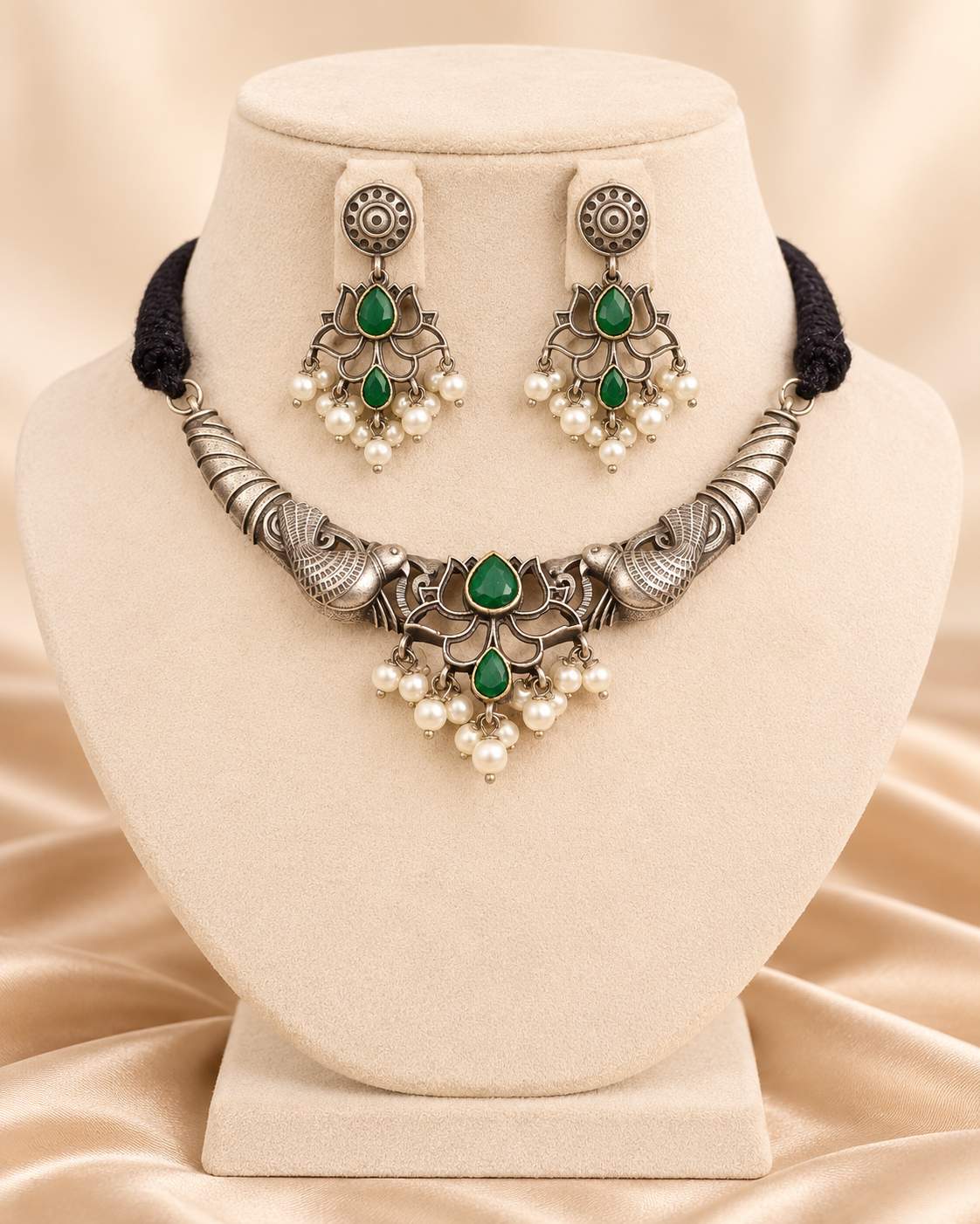 Winged Silver Tone Pearl-Style Fringe Collar Set - Green — AI-styled mannequin view