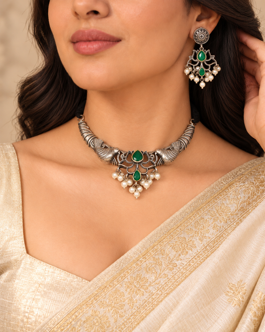 Winged Silver Tone Pearl-Style Fringe Collar Set - Green — AI-styled model view