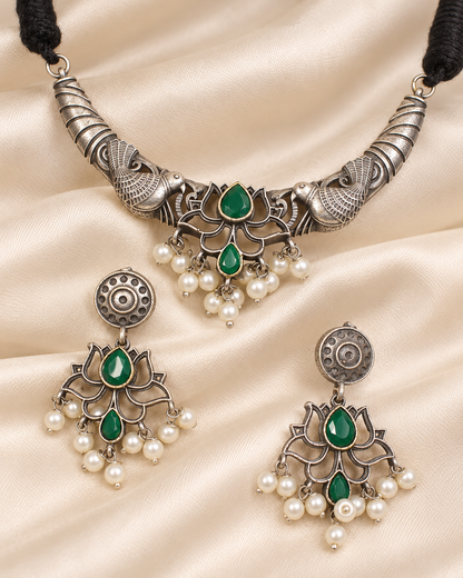 Winged Silver Tone Pearl-Style Fringe Collar Set - Green — AI-styled ornament detail view