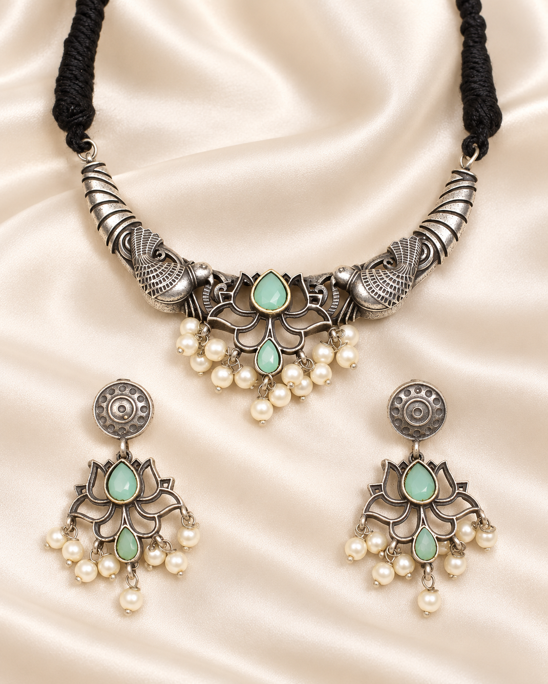 Winged Silver Tone Pearl-Style Fringe Collar Set - Mint — AI-styled closeup view