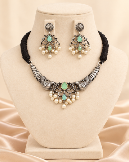 Winged Silver Tone Pearl-Style Fringe Collar Set - Mint — AI-styled mannequin view