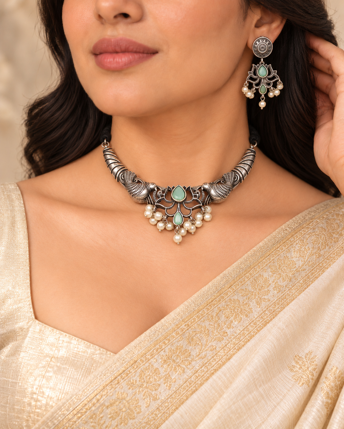 Winged Silver Tone Pearl-Style Fringe Collar Set - Mint — AI-styled model view