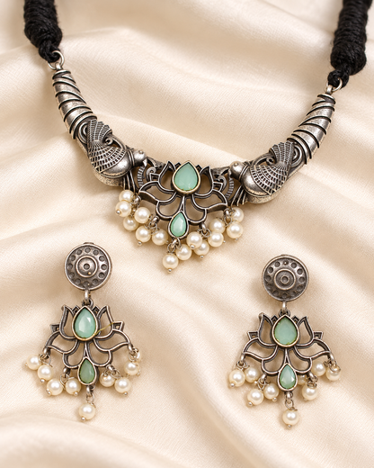 Winged Silver Tone Pearl-Style Fringe Collar Set - Mint — AI-styled ornament detail view