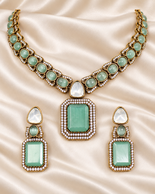 Rectangular Mint Stone and Clear Accent Necklace Set - Mint — AI-styled closeup view