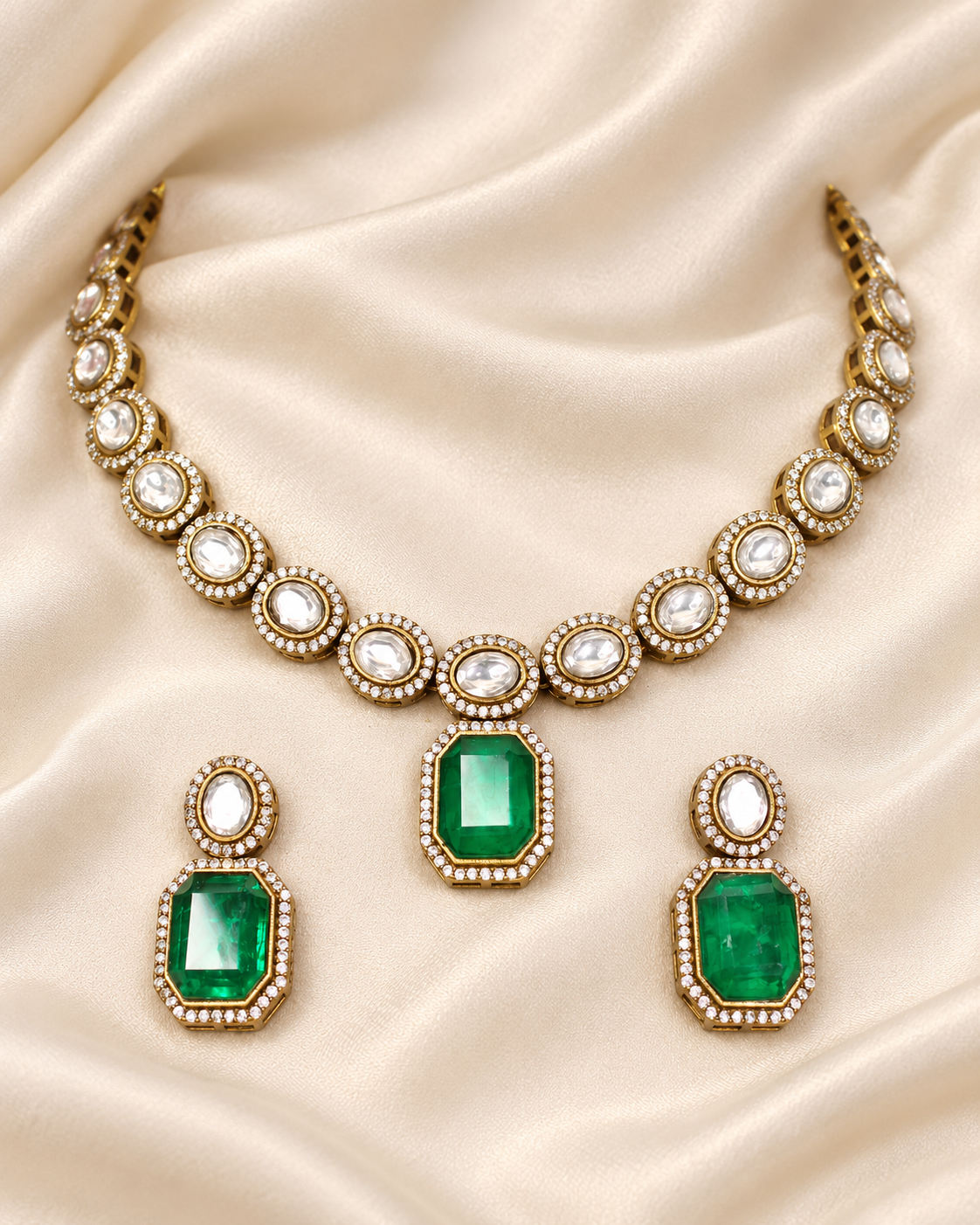 Round Clear Stone and Green Drop Necklace Set - Green — AI-styled closeup view