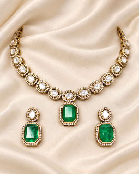 Round Clear Stone and Green Drop Necklace Set - Green — AI-styled closeup view