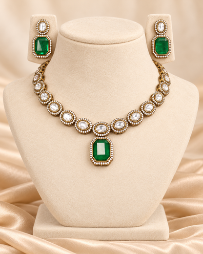 Round Clear Stone and Green Drop Necklace Set - Green — AI-styled mannequin view