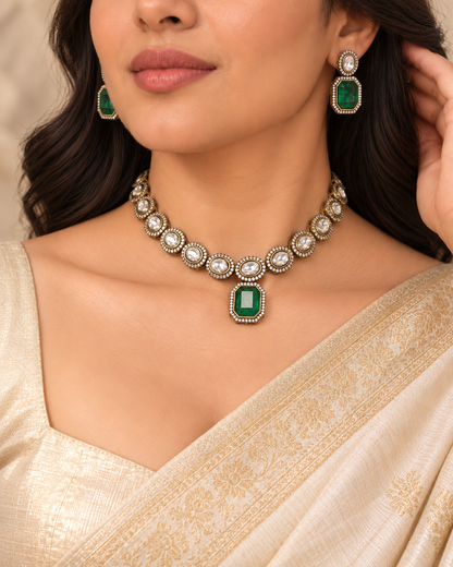 Round Clear Stone and Green Drop Necklace Set - Green — AI-styled model view