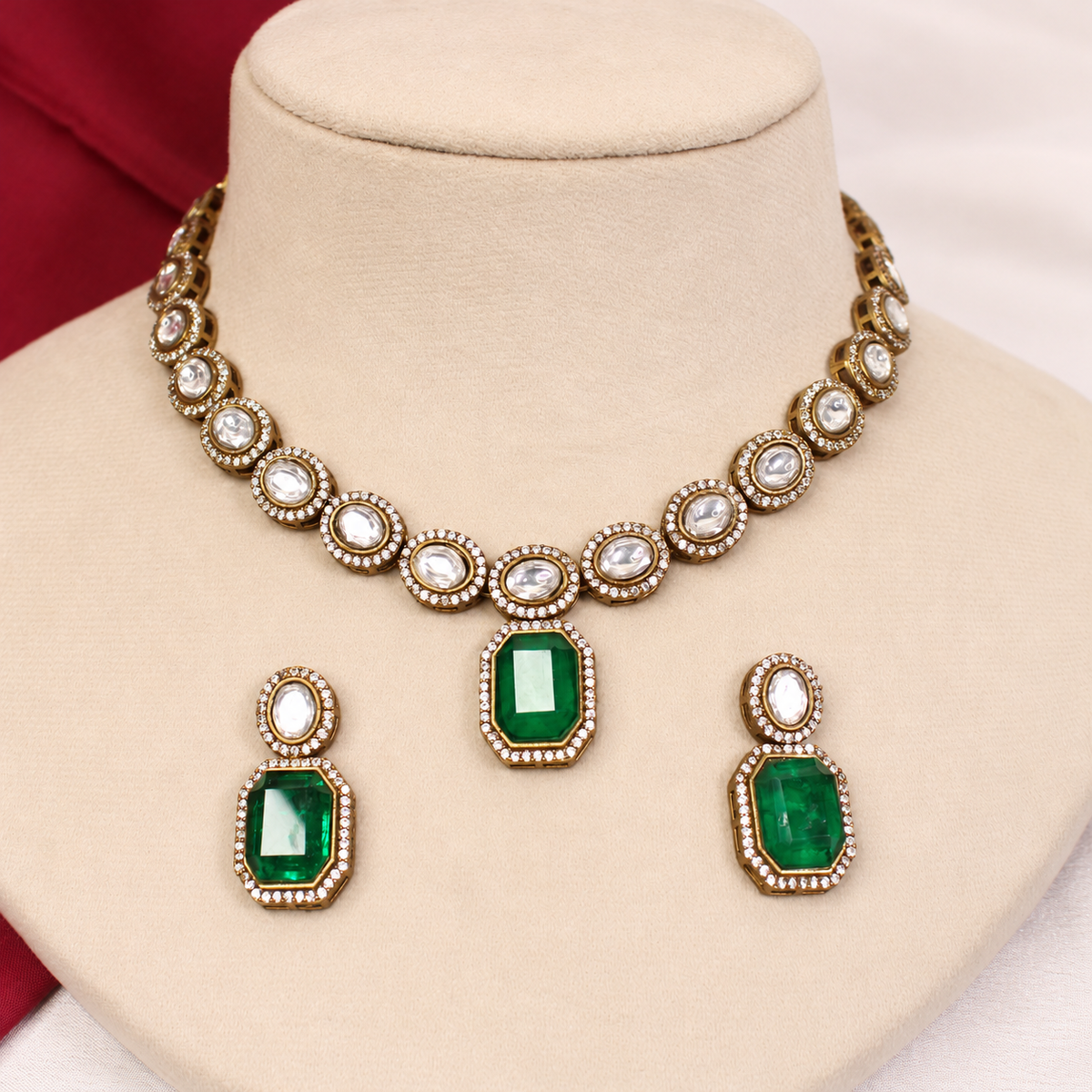 Round Clear Stone and Green Drop Necklace Set - Green — retouched original photograph IMG_8395