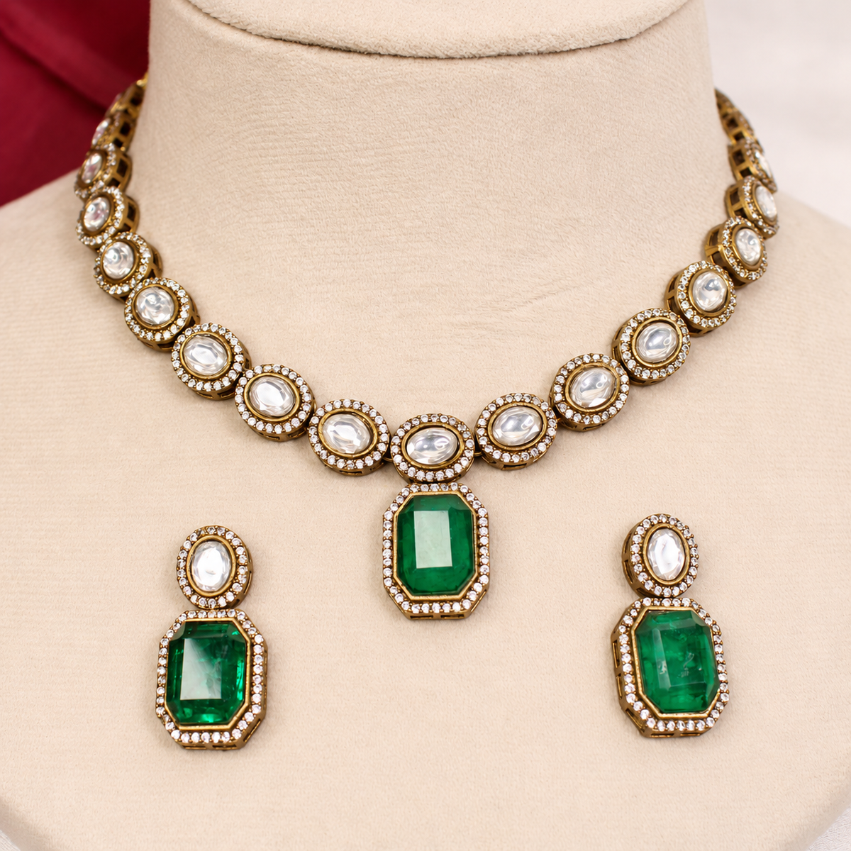 Round Clear Stone and Green Drop Necklace Set - Green — retouched original photograph IMG_8396