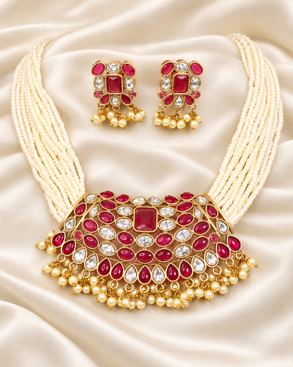 Multi-Strand Pearl-Style Bead Bib Necklace Set - Ruby and Clear - closeup view