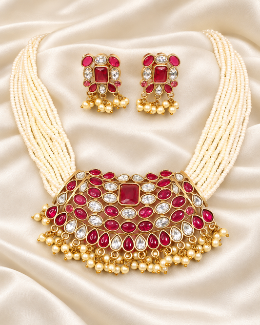 Multi-Strand Pearl-Style Bead Bib Necklace Set - Ruby and Clear - closeup view