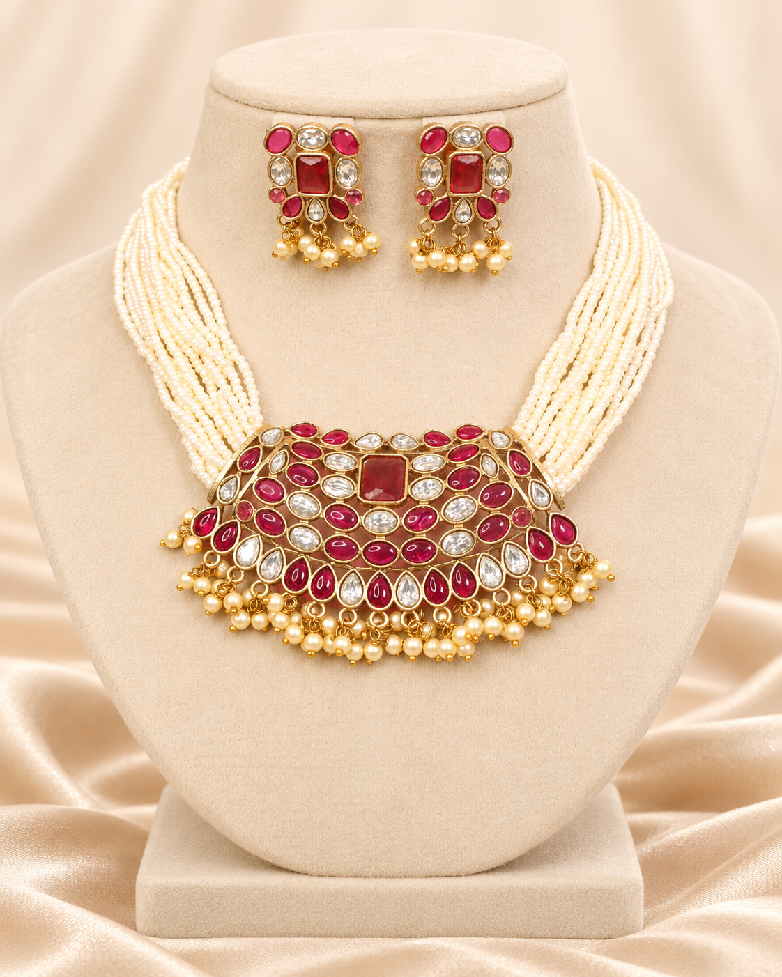 Multi-Strand Pearl-Style Bead Bib Necklace Set - Ruby and Clear - mannequin view